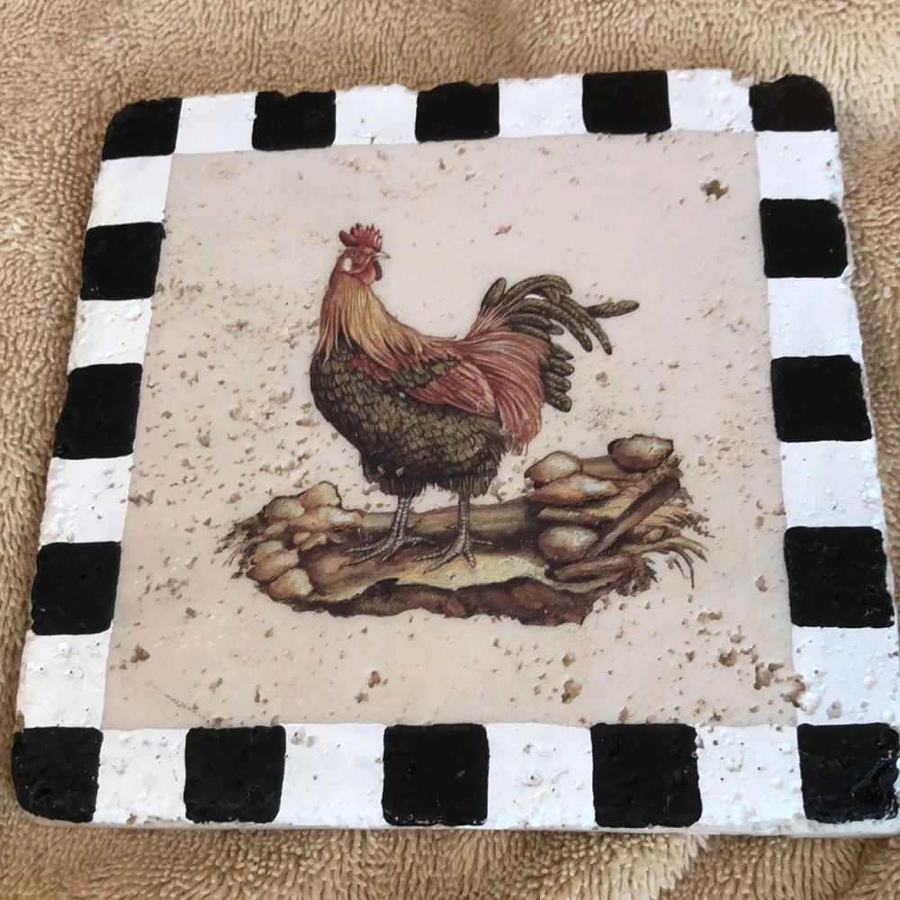 Pair of Vtg Rooster Painted 6x6” Wall Hanging Tiles Country Folk Art Farmhouse
